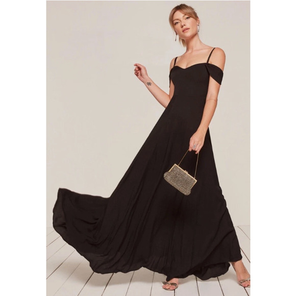 Reformation Poppy Long Dress Black Cold Shoulder Sweetheart Neckline Size 4 - Picture 1 of 11